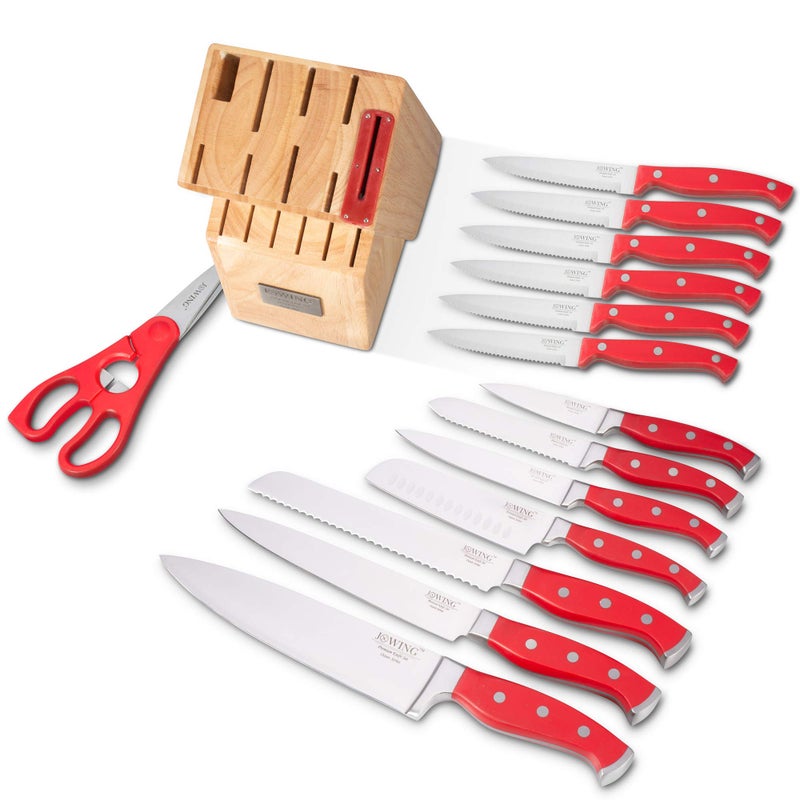 JXWING Professional 15-Piece German High Carbon Stainless Steel Kitchen Knife Set, Ocean Series Premium Forged Full Tang Chef Knives Set with Rubber Wood Block, Red - Image 4